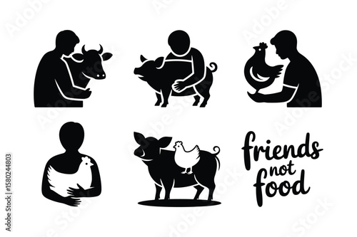 Person embracing cow pig chicken and text friends not food vector