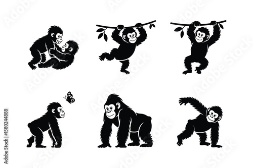 Playful gorillas swinging on branches and interacting with a butterfly chimpanzees