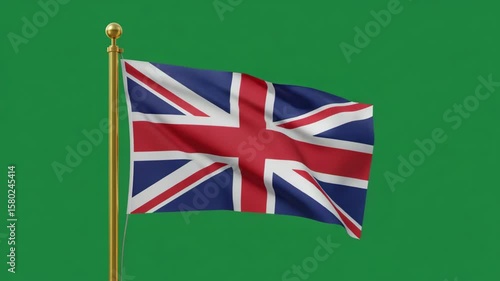 Union Jack waving in the wind: This image features the Union Jack flag fluttering proudly against a vibrant, verdant backdrop. The iconic emblem of the united kingdom appears to be waving in the wind.