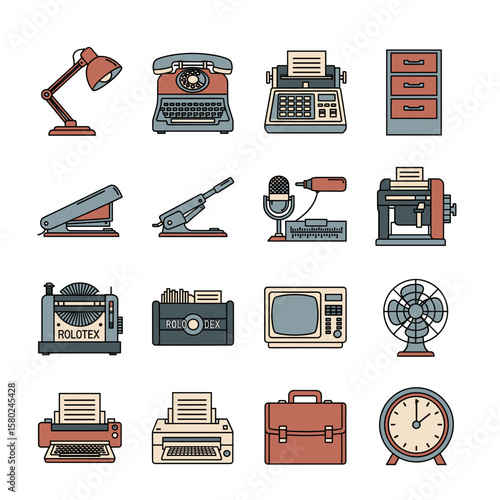 Retro Office Equipment Icons: Vintage Telephone, Typewriter, Lamp, and More. Generated image