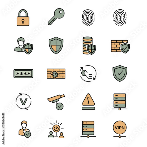 Security Icons Set: Lock, Key, Fingerprint, Shield, Password, VPN, and Surveillance Camera
