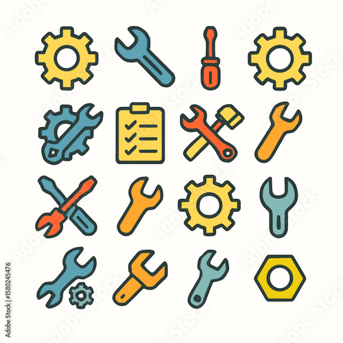 Collection of Colorful Hand Tools: Wrench, Screwdriver, Gear, and Clipboard Icons