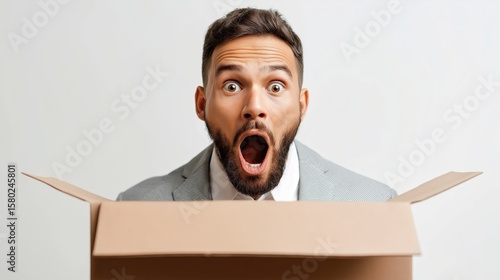 Man opening cardboard box with surprised expression and wide open mouth, wearing gray suit and white shirt, isolated on white background