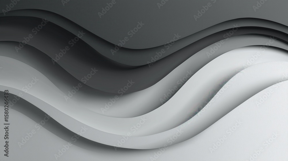Obraz premium Monochrome layered wave design with flowing organic curves in shades of gray and white creating smooth and elegant abstract background with soft shadows and depth