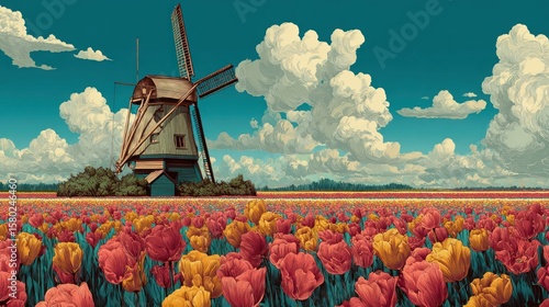 A colorful pixelated landscape of a windmill and tulip field under a vibrant sky