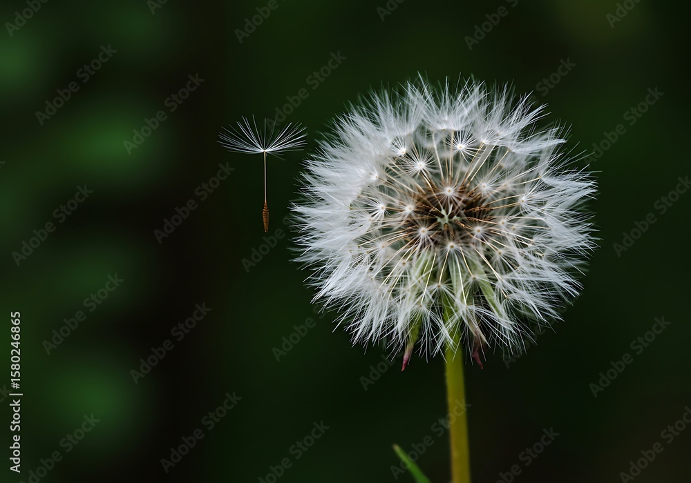 Fototapeta premium Close-up of Dandelion Seed Head with Floating Seed Against Dark Background