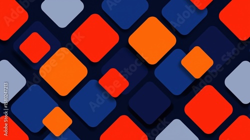 Colorful overlapping squares pattern with rounded edges in red, orange, blue, and gray tones, creating vibrant and dynamic flat design background with clean lines and shadows