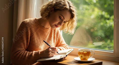 Young woman in an orange sweater writing in a journal by a sunlit window with a cup of tea