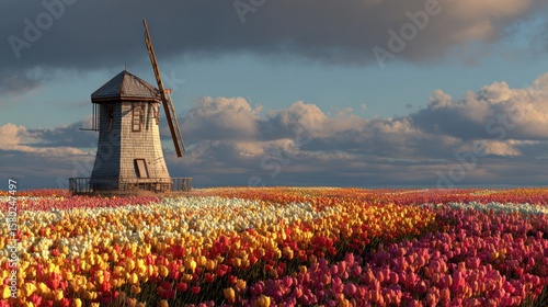 A picturesque windmill in a field of tulips