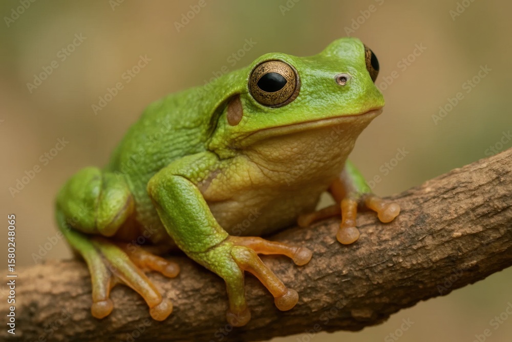 Amidst the whispers of nature, a vibrant green frog sits poised on a twisted branch, its eyes reflecting the world around it with an air of quiet curiosity Amidst the whispers of nature, a vibrant green frog sits poised on a twisted branch, its eyes reflecting the world around it with an air of quiet curiosity