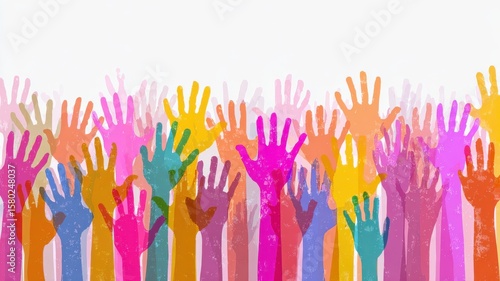 Diversity and Inclusion. Colorful raised hands symbolizing unity and support.