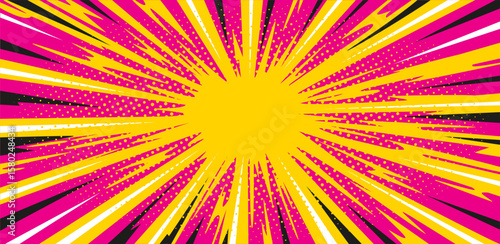 Pop art explosion effect background. Anime style. Lightning and explosion cartoon effects with halftone. Vintage retro comic book with halftone. Vector illustration in pop art style.