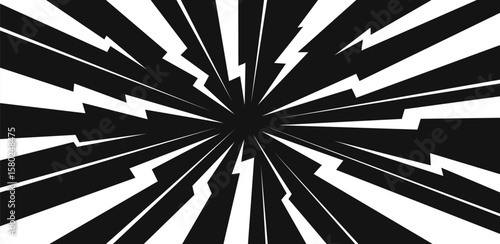 Cartoon comic background with lightning burst effect. Abstract comic book flash explosion radial lightning on black background. Anime. Vector illustration of motion background with flash and lightning