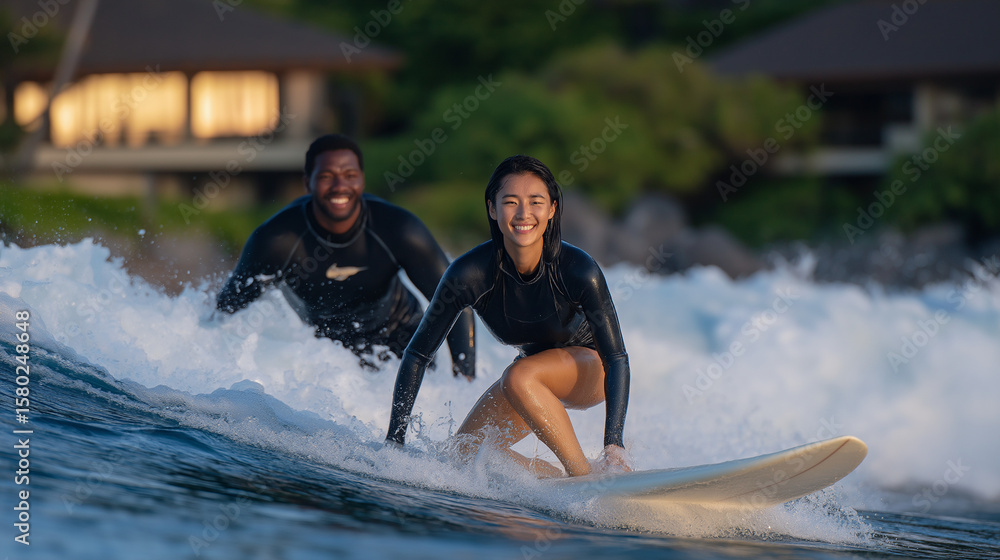 Naklejka premium Surfing Lesson for Beginners at a Resort Beach at Dawn