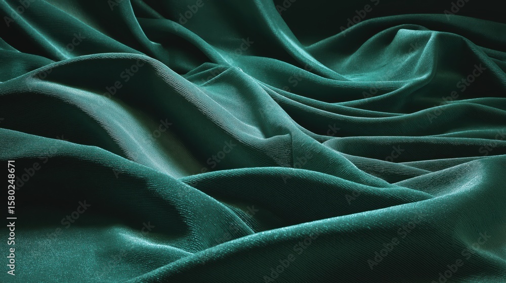 Fototapeta premium Emerald green silky velvet fabric with soft folds and subtle shadow creating luxurious and smooth texture, perfect for elegant textile or fashion design projects