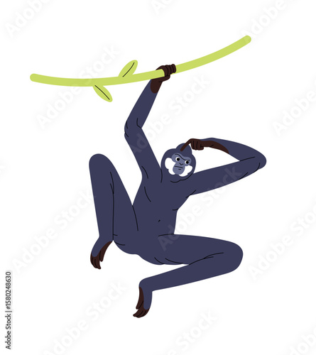 Thinking monkey is holding liana with hand in rainforest. Thoughtful gibbon is hanging on tree branch. Puzzled animal of jungle, tropical forest. Flat isolated vector illustration on white background