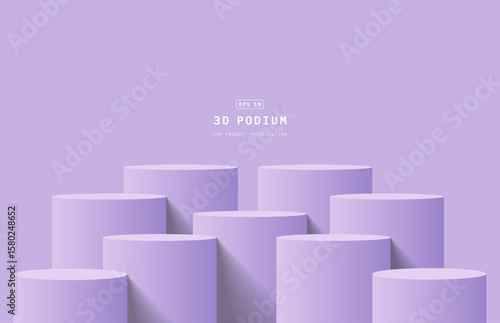 Empty purple room with set of nine steps 3D cylinder podium pedestal or product display stand. 3D vector geometric platform design. Minimal wall scene for mockup. Stage for product presentation.