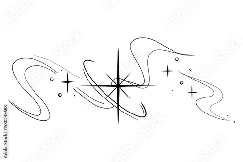 Abstract y2k line star, tattoo aesthetic doodle or sketch. Sparkle swirl silhouette line light, move, trail. Retro space orbit geometric 