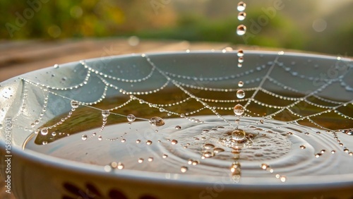 Droplets create ripples in bowl with delicate spider web on serene morning