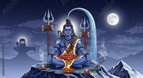 Illustration of Lord Shiva Meditating on a Mountain Under Full Moon, Generative ai