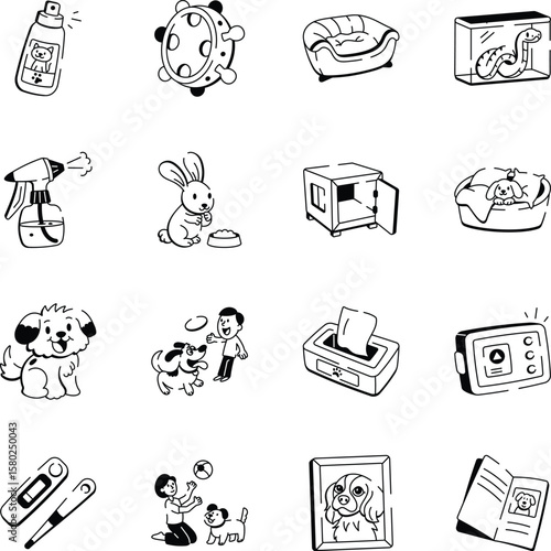 Set of Pet Toys Doodle Style Icons 
