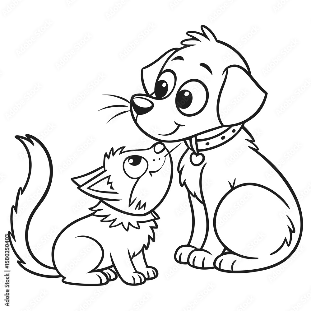 Obraz premium Adorable cat and dog duo: line art of furry companions. Vector hand-drawn doodle illustration black and white