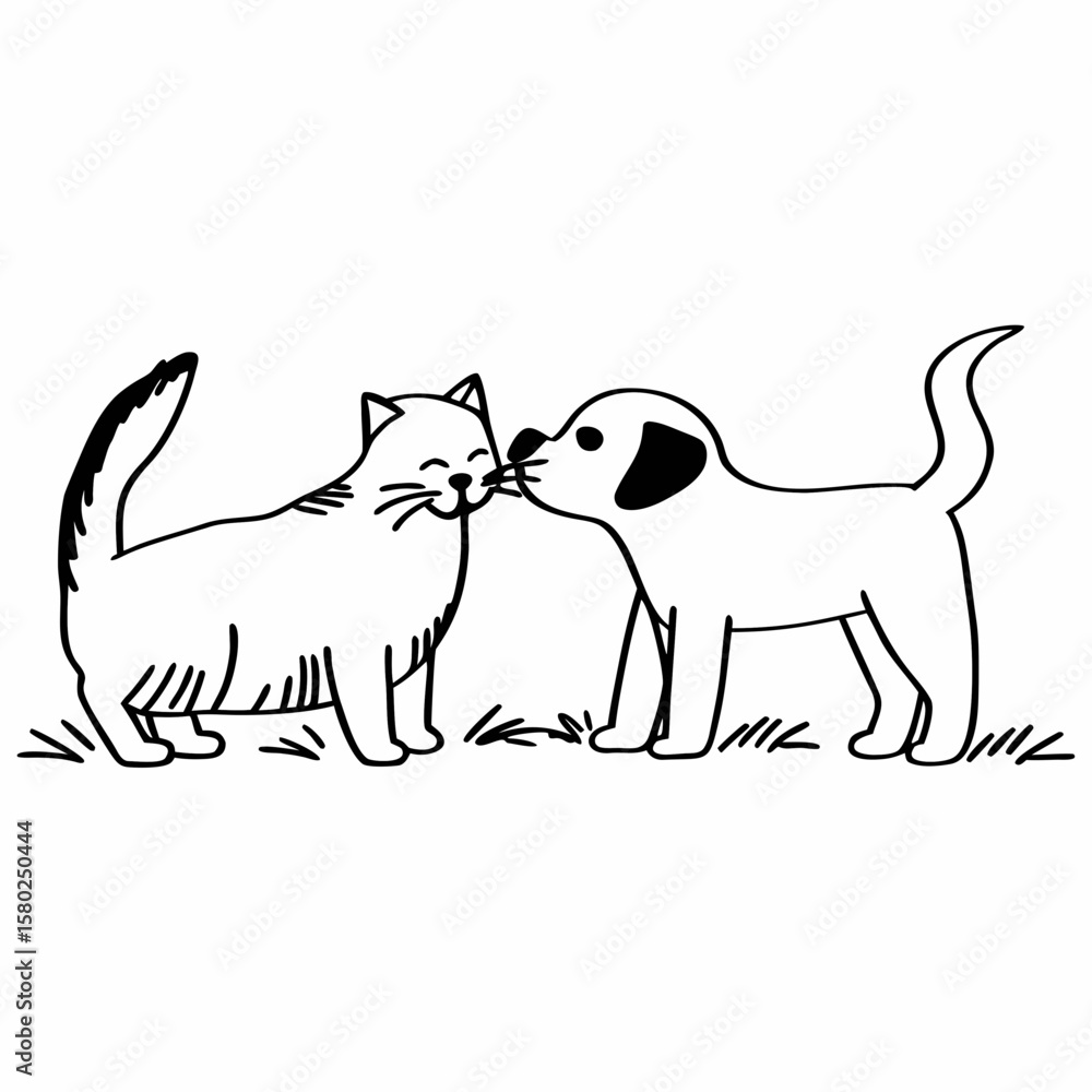 Obraz premium Adorable cat and dog duo: line art of furry companions. Vector hand-drawn doodle illustration black and white