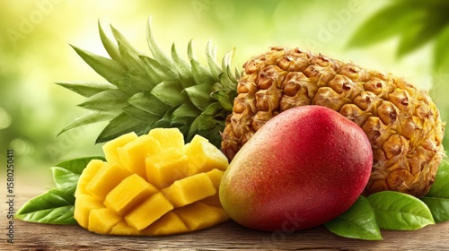 Fresh pineapple and mango fruit, a vibrant display of tropical produce.