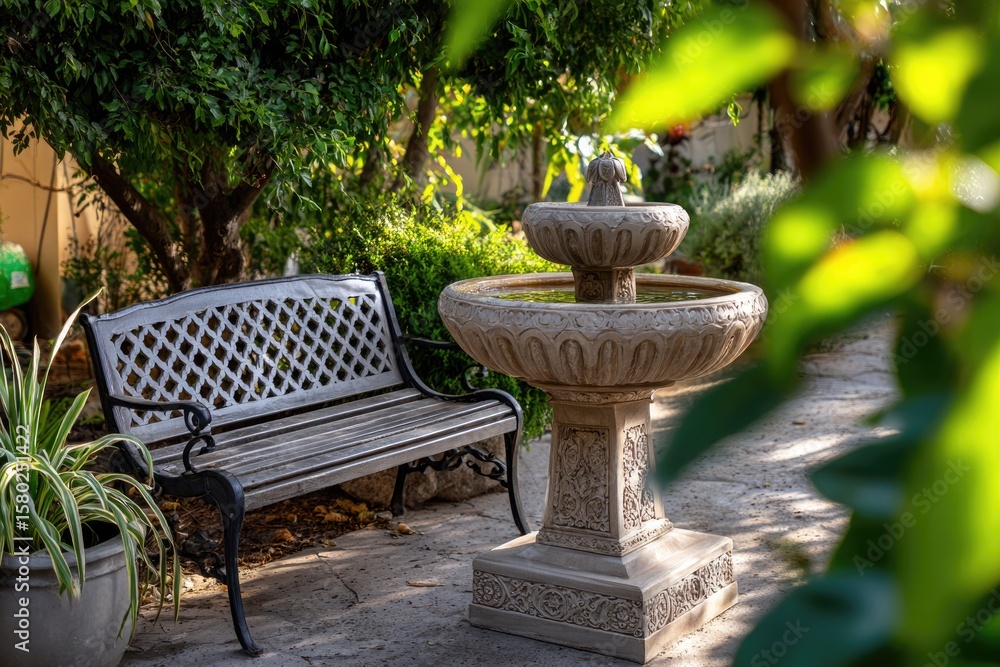 Fototapeta premium A garden featuring a carved stone fountain, surrounded by dense, vibrant green foliage