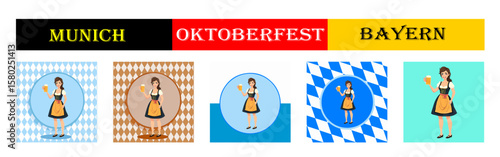 From the series "oktoberfest", girl with dirndl holds with beer mug with different variants of bavarian patterns and backgrounds