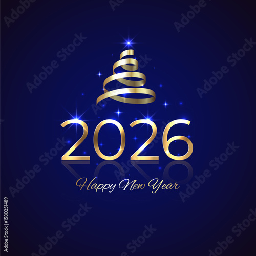 2026, 26 Happy New Year. Shiny golden 2026 with Christmas tree. New Year design for invitation, greeting card, calendar. Shiny gold logo, ribbon. Holiday greeting card. Party event decoration, vector