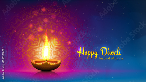 Happy diwali vector greeting card. Festive diwali card. Banner, poster design template with lamp, golden lights. Blue magenta colorful background, mandala. Vector holiday illustration