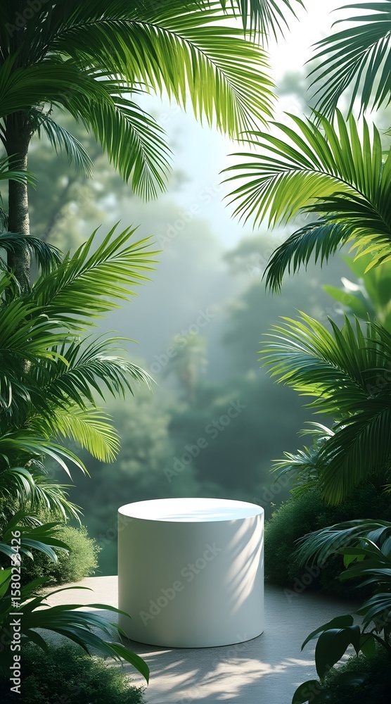 Obraz premium Tropical paradise scene with white display podium and lush green palm fronds environment
