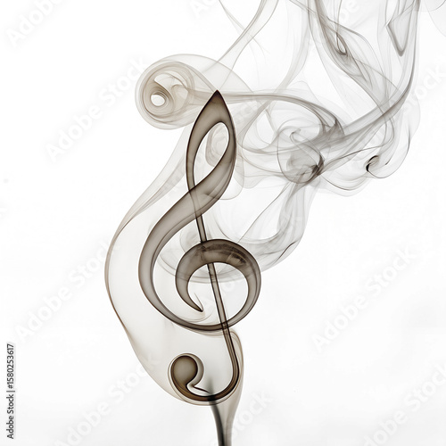 A treble clef shape formed by swirling smoke on a transparent background. The smoke is light brown and gracefully curves, creating an artistic representation of music.