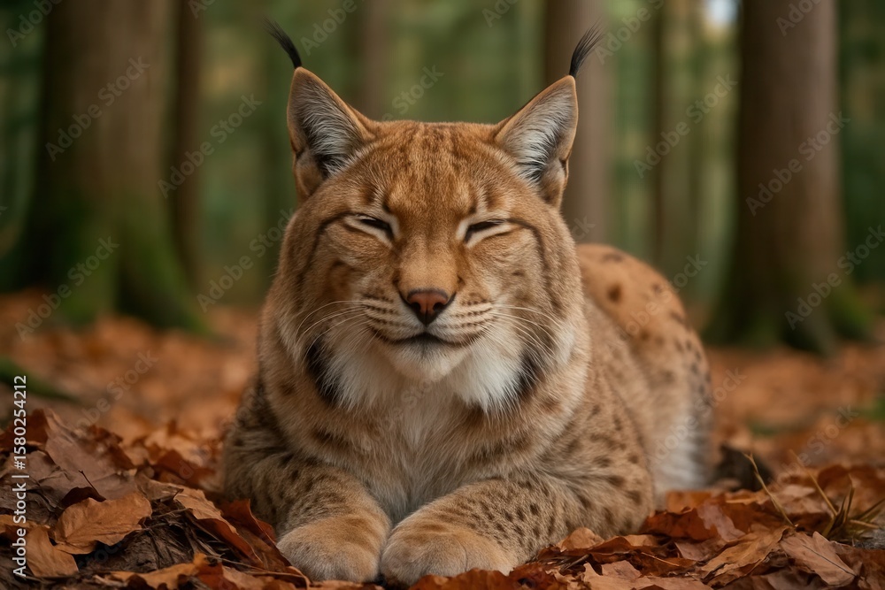 Naklejka premium A serene lynx rests in the tranquil embrace of a forest floor, its eyes closed as if in peaceful contemplation