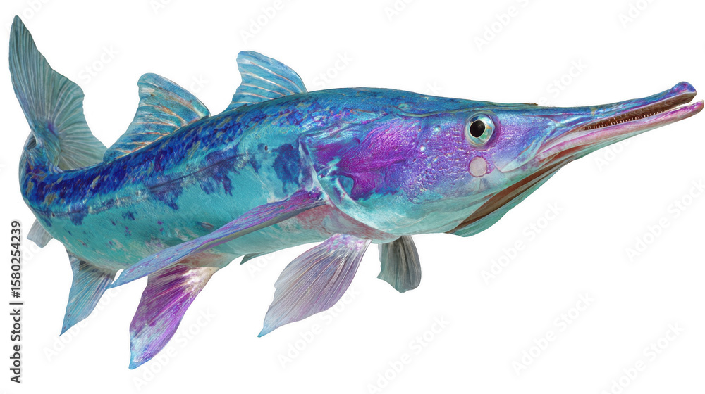 Fototapeta premium A vividly colored iridescent spatula fish swims gracefully with its long distinctive rostrum, isolated against a plain background for clear visibility.