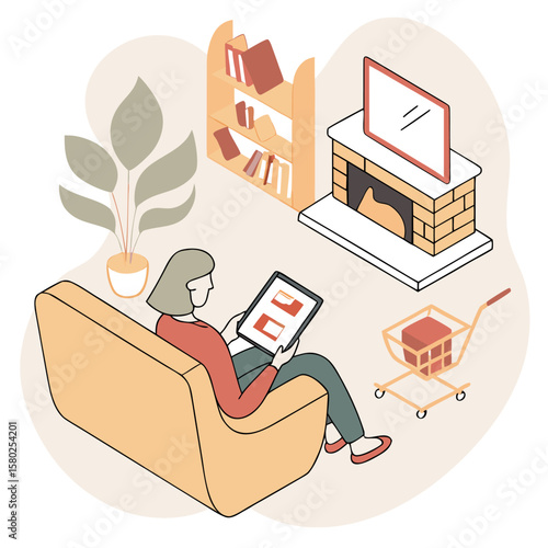 Woman relaxing on a chair with a tablet near a fireplace and bookshelf in a cozy living room scene