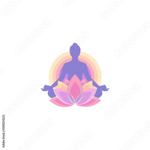 Minimalist yoga meditation logo with lotus flower and pastel colors, symbolizing peace and spiritual balance