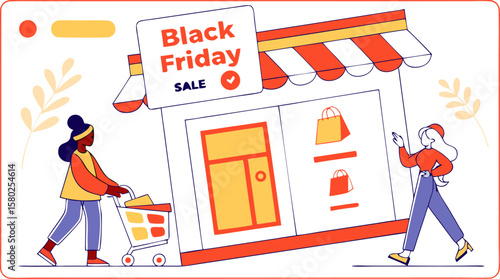Two shoppers at black friday sale shop with bags and cart in a store with awning and black friday sign