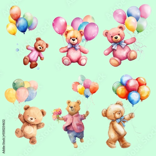 Watercolor bears holding balloons design element set