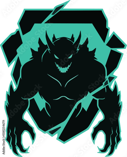 Silhouette of a menacing monster with sharp claws emerging from a fractured, geometric shape.