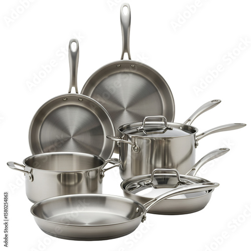 Isolated Still Life of Stainless Steel Pots and Pans Cookware Set