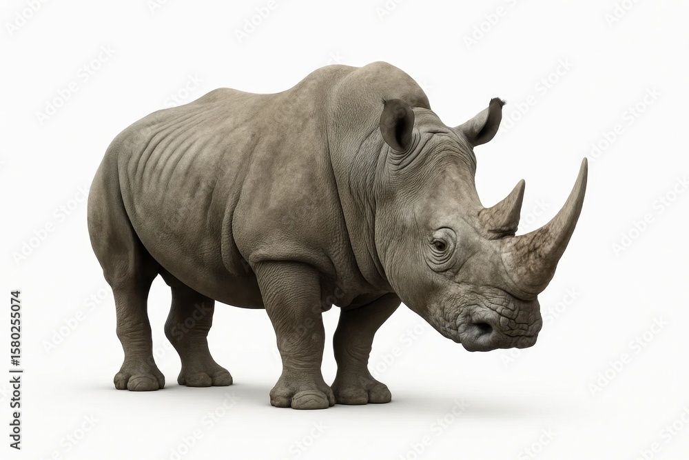 Obraz premium A lone rhinoceros stands majestically against a stark white background, its powerful form a testament to nature's grandeur