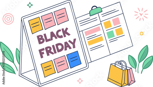 Black friday promotion with calendar and shopping bags for seasonal sales and discounts announcement event
