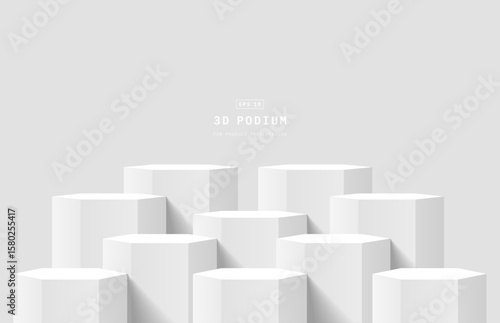 Abstract white 3d background in bright studio room. Ten realistic 3D hexagon podium pedestal. 3D stage for show product. Minimal wall scene for product mockup. 3D vector geometric platform.