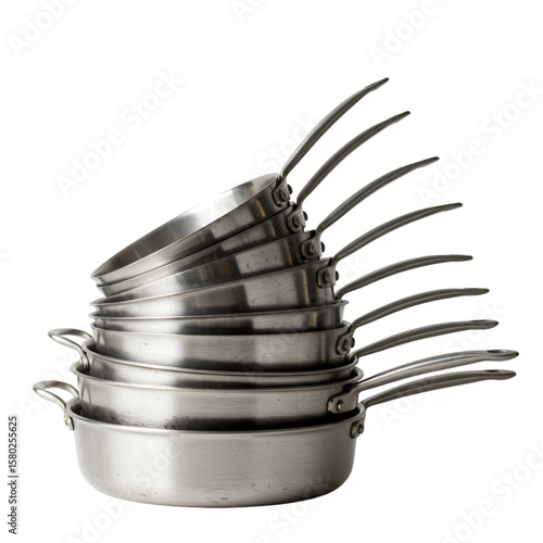 Isolated Stacked Silver Stainless Steel Frying Pans Cookware on Transparent Background