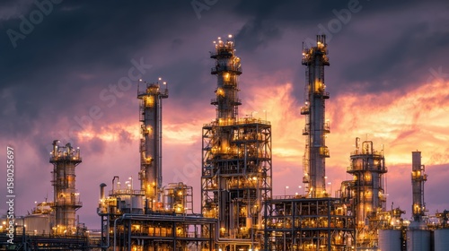 Illuminated oil refinery towers against a dramatic sunset sky, showcasing modern industrial infrastructure.