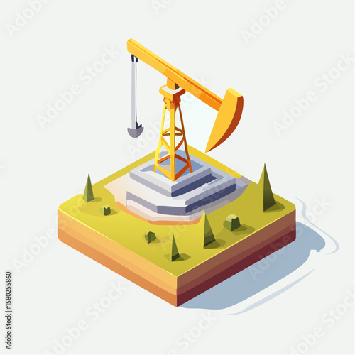 Isometric Oil Pumpjack Illustration on a Section of Land with Minimal Trees

