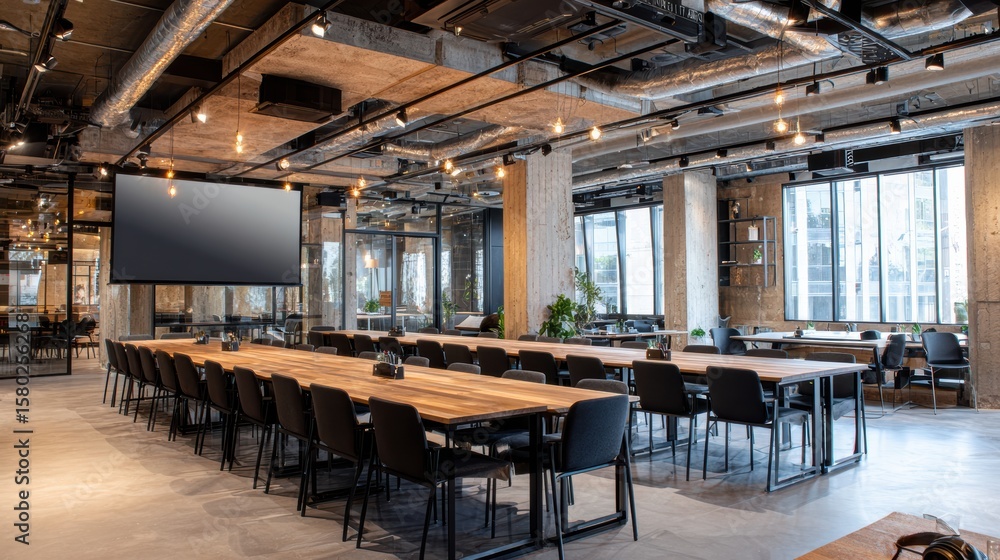 Naklejka premium Modern office space featuring a large meeting room with wooden tables and ample natural light for productive collaboration.