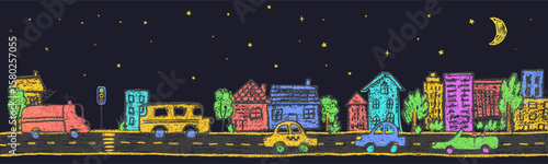 Night city art in wax crayon style with doodle cars, garden, houses, and sky wit moon and stars. Charcoal squiggles ideal for baby, kids or kindergarten transport location themes. Vector illustration